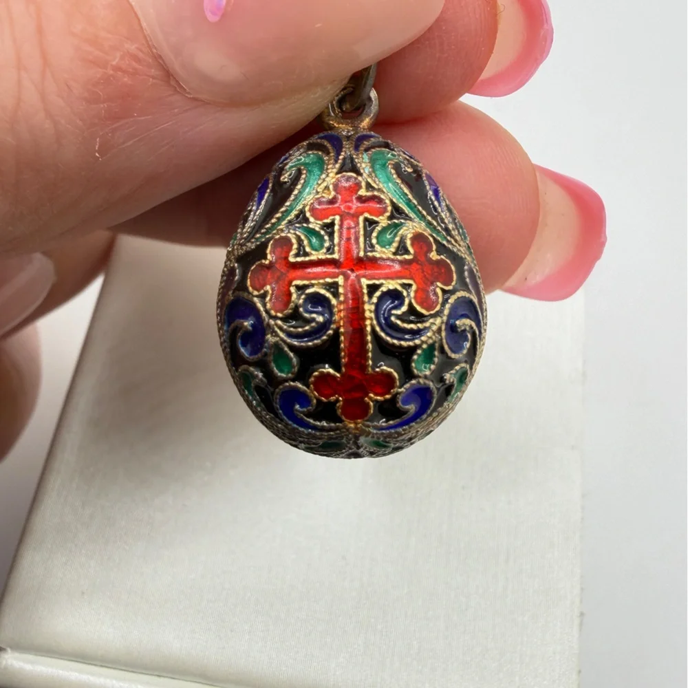 Vintage Sterling Silver, Cloisonne Enameled Faberge Style‎ Egg Pendant/charm!